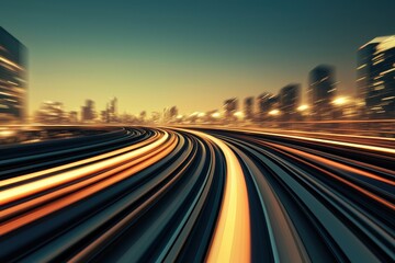 Obraz premium High-Speed Freight Train Moving Through Industrial Area at Sunset with City Skyline Background