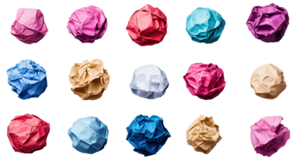 "Different crumpled paper balls, each uniquely crumpled, isolated on a transparent background