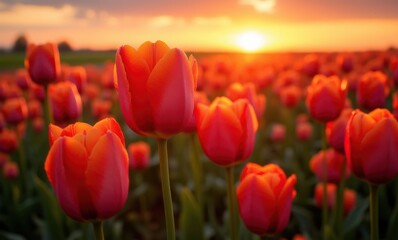 Vibrant tulips under a sunset glow