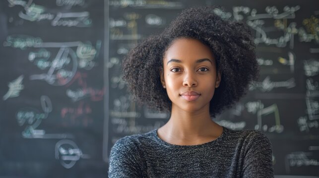 A woman standing in front of a chalkboard filled with equations.