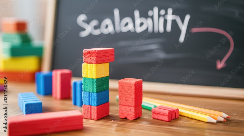 Poster a colorful arrangement of building blocks next to a chalkboard displaying the word 