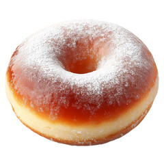 A jelly-filled donut with powdered sugar coating, isolated on transparent background.
