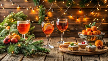 Winter festive table setting with Aperol Spritz and seasonal desserts on a wooden table, surrounded by evergreen branches and twinkling fairy lights, evergreen branches, seasonal treats