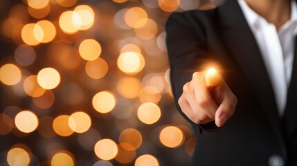 A businessperson gestures with a glowing fingertip, surrounded by a blurred background of warm, sparkling lights.