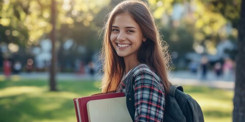 Fototapeta premium A young woman is smiling and holding a backpack with books in it. She looks happy and content