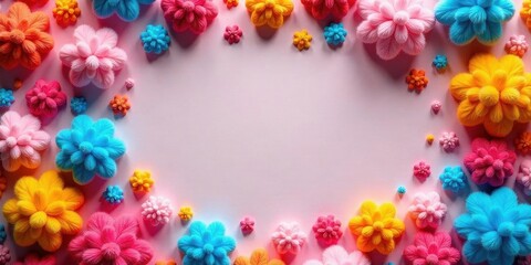 Naklejka premium Vibrant Floral Frame A Delightful Arrangement of Colorful Fluffy Flowers on a Soft Pink Background, Perfect for Festive Celebrations and Greetings