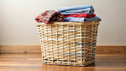 Laundry basket with folded clothes, clothes, basket weave, clothes,basket weave,basket,drying,furniture,fabric,home decor