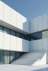 Fototapeta premium Modern Architectural Design Minimalist Concrete Structure with Expansive Windows and Elegant Staircase