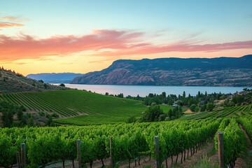 Naklejka premium Breathtaking sunset over verdant vineyard and tranquil lake, framed by rolling hills and vibrant skies, creating a serene landscape of natural beauty and lush greenery.