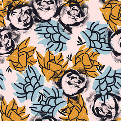 Floral seamless pattern with peonies and roses. Flowers. Vector background, design, print. Vintage halftone, mixed media