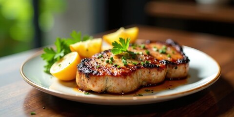 Delicious Grilled Pork Chop with Lemon and Parsley Garnish on a Plate