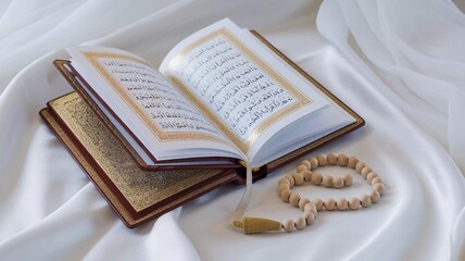 Obraz premium An elegant Quran with golden detailing, accompanied by wooden prayer beads (Tasbih) neatly placed on a white background. The lighting is soft and balanced, creating a peaceful and spiritual atmosphere