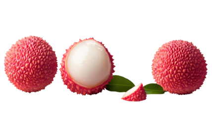 "Fresh lychee fruit, peeled and whole, isolated on a transparent background, showcasing its juicy texture.