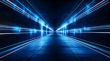 Futuristic Dark Tunnel With Glowing Blue Neon Lights And Smoke Abstract Background