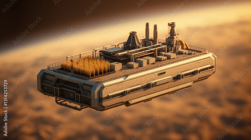 Poster a futuristic space station or spacecraft floating above the clouds in a celestial sky. The design is sleek and modern, with various modules and solar panels