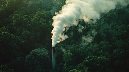 The image depicts two large smoke stacks rising from the tree line, emitting steam or smoke into the air. They are set against a backdrop of a forest with lush greenery.