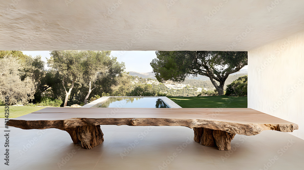 Fototapete modern wooden table with a view of nature and a pool in a minimalist setting