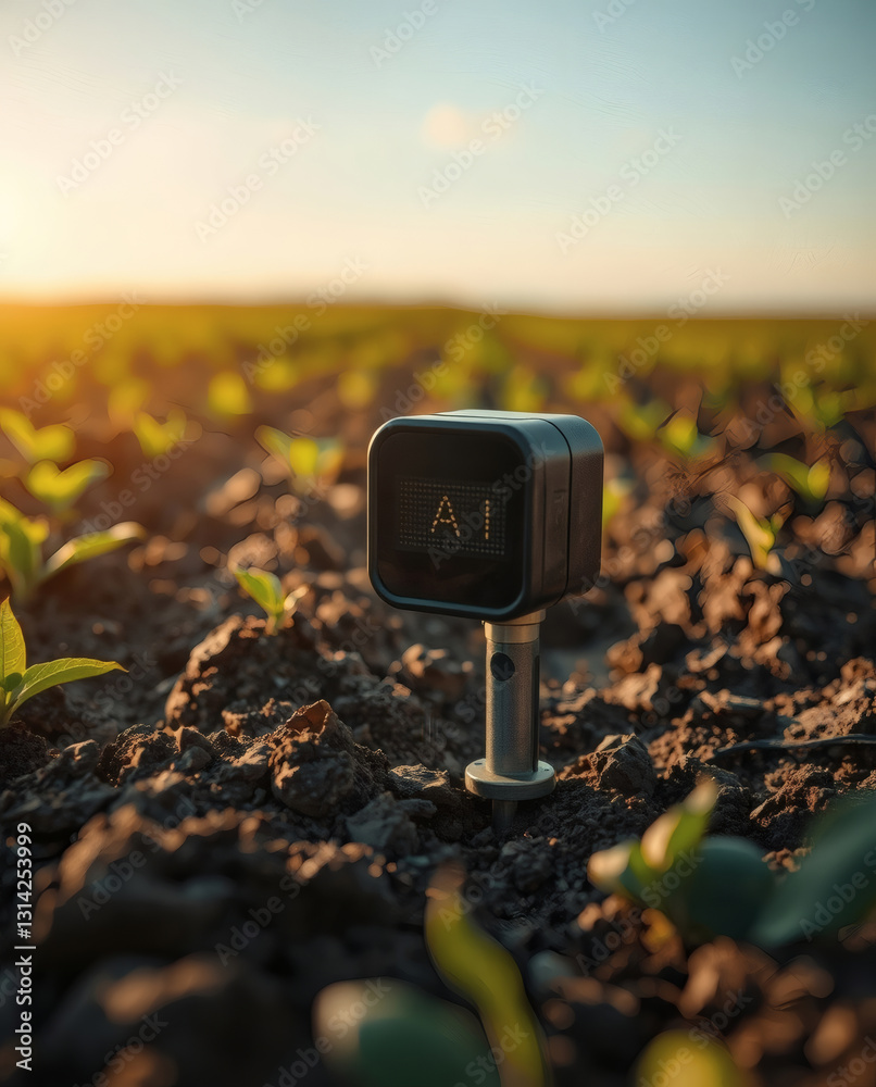 Poster a close-up shot of a futuristic AI sensor embedded in the soil of a field, demonstrating the use of technology in agriculture