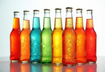 captivating visuals colorful glass bottles filled vibrant soda bubbles reflecting light creating enticing patterns, beverage, carbonation, refreshment, fizzy
