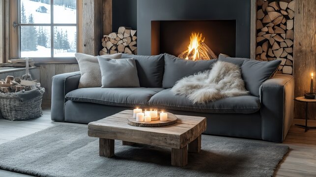 Sof&aacute; gris y mesa de centro de madera r&uacute;stica junto a la chimenea.