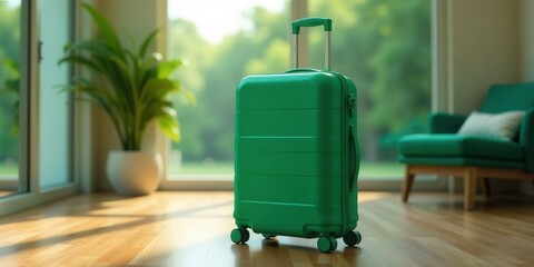 A vibrant green suitcase rests on a sunlit hardwood floor near a leafy plant and a comfortable armchair, ready for an upcoming journey.