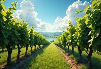 Fototapeta premium stunning vibrant vineyard landscape displaying lush green rows bunches ripe grapes under bright blue sky, wine, clusters, farming, agriculture, greenery