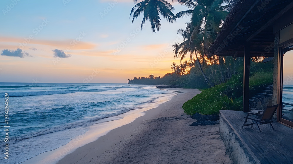 Aufkleber serene beach scene at sunset with palm trees and gentle waves