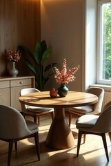 Fototapeta premium Sunlit Dining Room with Modern Wooden Table and Neutral Upholstered Chairs Featuring a Delicate Floral Arrangement