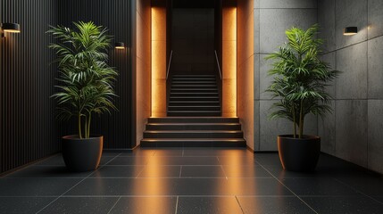 A modern entrance with stylish lighting, sleek stairs, and lush plants creates an inviting atmosphere.