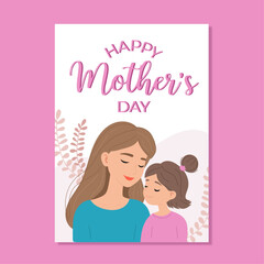Heartwarming Mother's Day postcard with loving mother embracing her young daughter, with soft pastel botanical elements. Sweet moment illustration in gentle atmosphere of parenthood concept. 