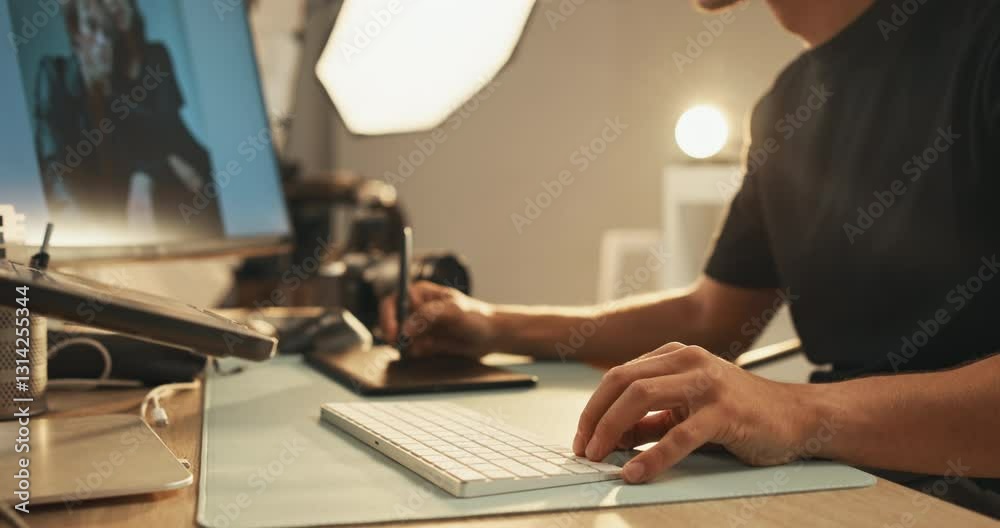Poster Keyboard, hands and editor retouching in studio for drawing, graphic tablet or typing on computer. Creative art, photographer and man editing picture for design, fashion or post production backstage