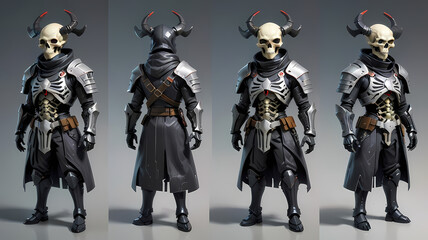 Dark skeletal warrior wearing armor and a cloak with horns.  Three views: front, back, and side. The figure is posed in a standing position with its weapons and armor displayed.  