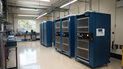 Advanced air filtration technology in an industrial laboratory with pristine, controlled air.