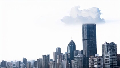 고층 빌딩 실루엣과 작은 구름이 배치된 도시 풍경