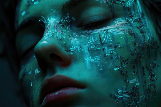 A person's face is overlaid with a glowing circuit board, depicting a futuristic cyborg or technological integration. - Powered by Adobe