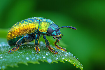 Naklejka premium Jewel beetle’s shimmering metallic shell crawling on a dewdrop-covered leaf, extreme close-up with soft bokeh and tropical foliage background Generative AI