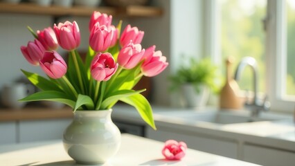 Fototapeta premium A bouquet of pink tulips in a vase on a kitchen counter bathed in sunlight.