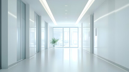 Fototapeta premium Bright White Modern Hallway With Glass Door And Potted Plant In Minimalist Office Building Interior Design