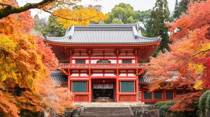 Autumn temple, vibrant fall foliage