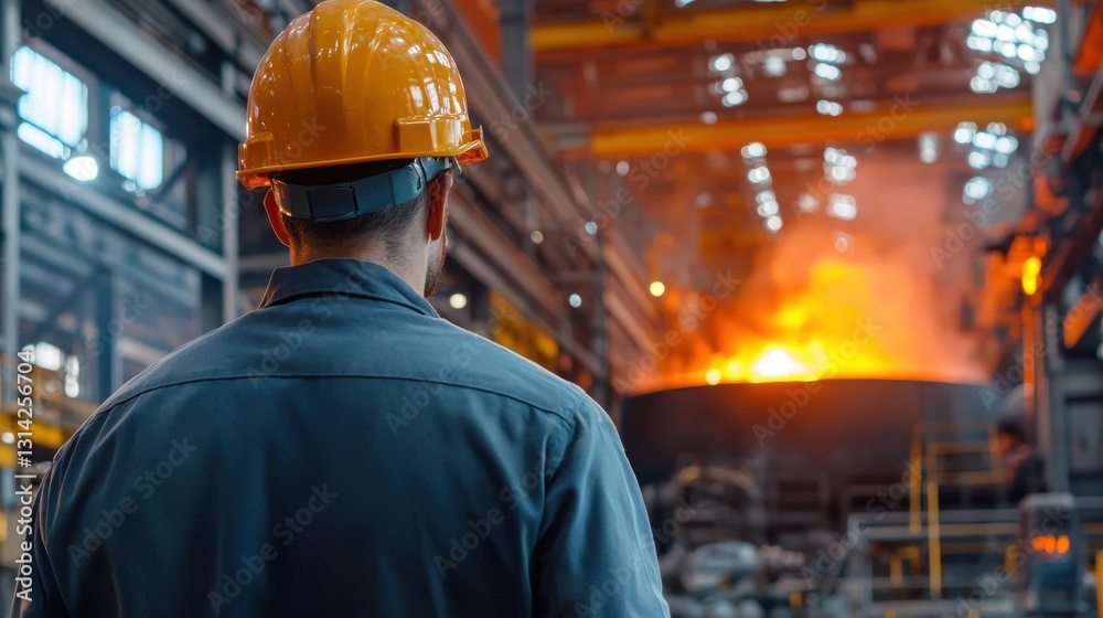 Poster a man in a yellow helmet stands in front of a large furnace