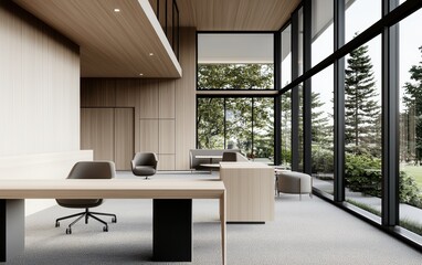 Fototapeta premium A modern office space featuring large windows, natural light, wooden accents, and a minimalistic design, promoting a serene work environment.