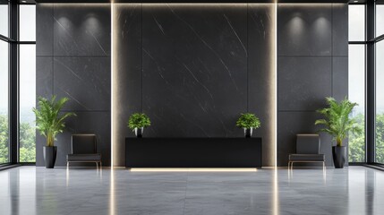 Naklejka premium A modern, minimalist interior featuring a sleek black reception area, plants, and large windows offering a view of the outdoors.