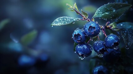 Blueberries on a bush, ripe and glistening with dew drops.