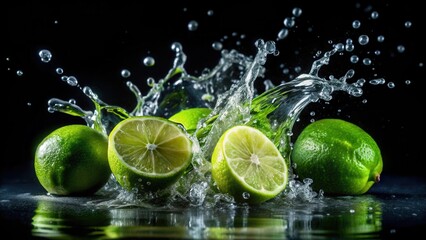 Fresh green limes floating on a splash of water in a dark, black background with subtle ripples , close-up, aquatic