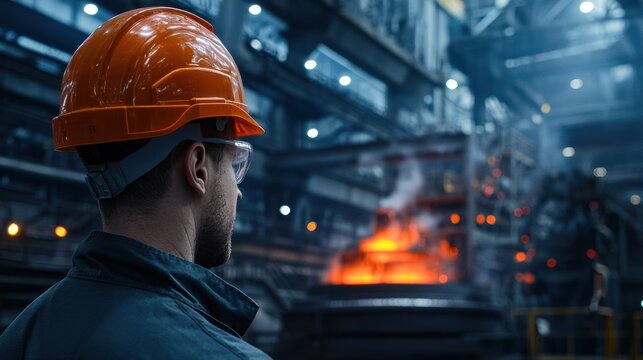 A man in a safety helmet is looking at a furnace