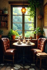 Serene sunlit interior with vintage armchairs, a round table set for tea, and potted plants adorning a windowsill, creating a cozy and inviting atmosphere.