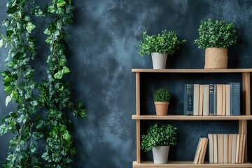 A contemporary bookshelf with plants adds a modern touch to virtual office and studio backgrounds