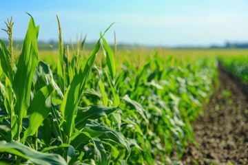 Fototapeta premium A vibrant corn plantation field with rows of corn cobs ready for harvest under the sun