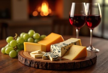 elegant wine cheese arrangement showcasing textured surface various elegant wine glasses, grapes, platter, appetizer, gourmet, snack, feast, pairing
