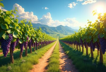 Naklejka premium vibrant vineyard landscape featuring sun drenched grape vines surrounded lush green hills clear blue skies, agriculture, sunlight, nature, field, outdoor